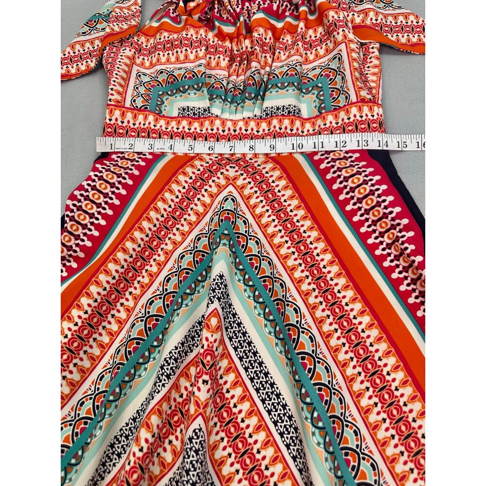 Eliza J Scarf Print Crepe De Chine Maxi Dress Keyhole Tie Pleated Boho Size 4 - Picture 12 of 13